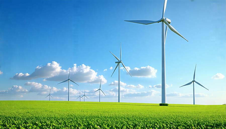 Wind turbines in a green field under a blue sky, symbolizing clean energy