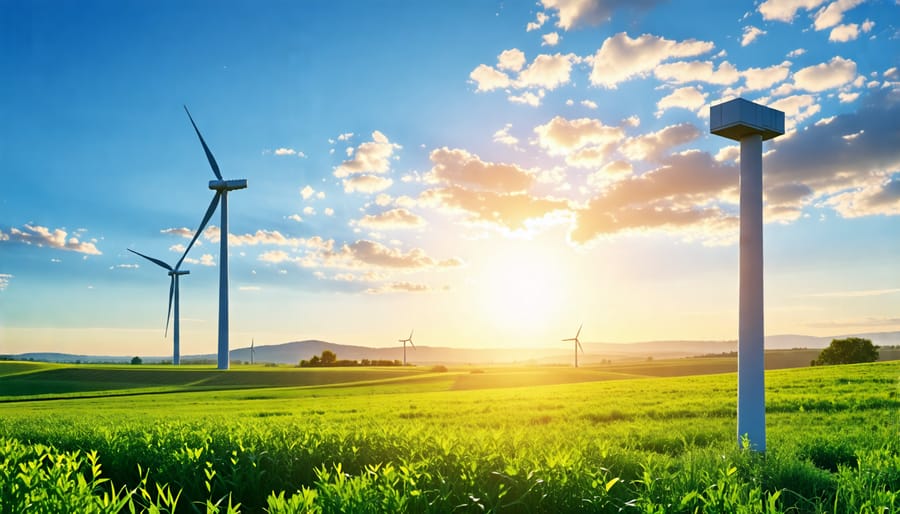 A series of wind turbines generating clean energy in a rural setting