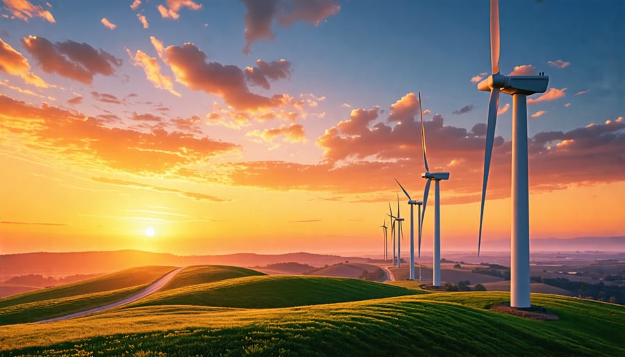 Wind turbines on a wind farm during sunset