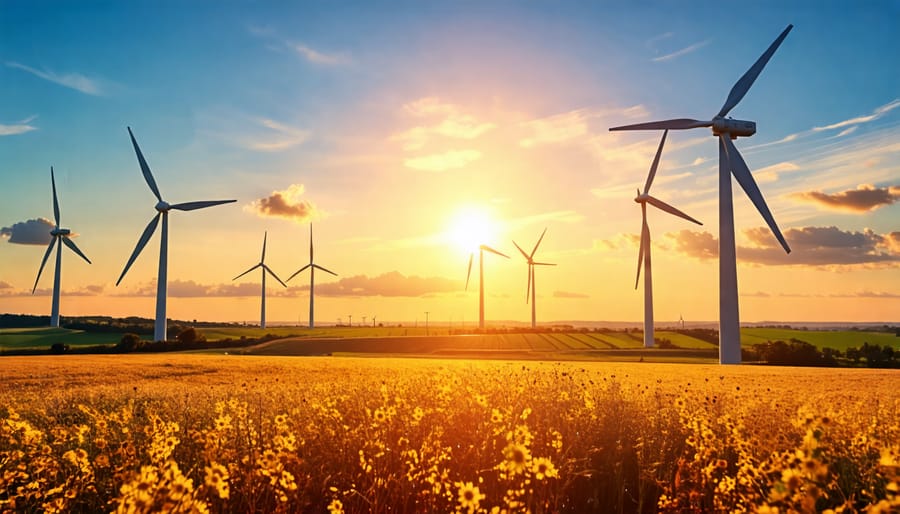 Modern wind turbines in a field, representing technological advancements in wind power