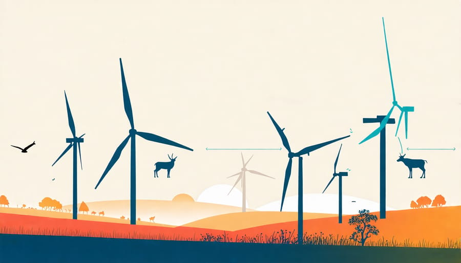 Conceptual illustration of wildlife coexisting with wind turbines