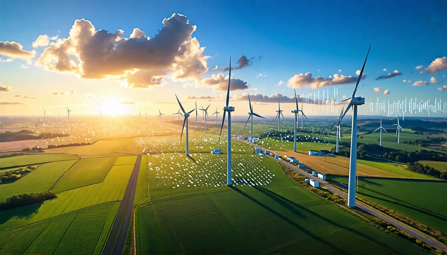 A modern wind farm with numerous turbines on a sunny, partly cloudy day, symbolizing the integration of nature and technology in wind energy production.