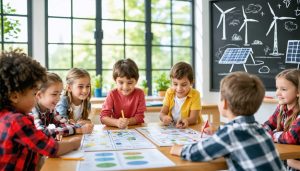 Students participating in engaging sustainable energy-themed games, with solar panels and wind turbines visible through classroom windows.